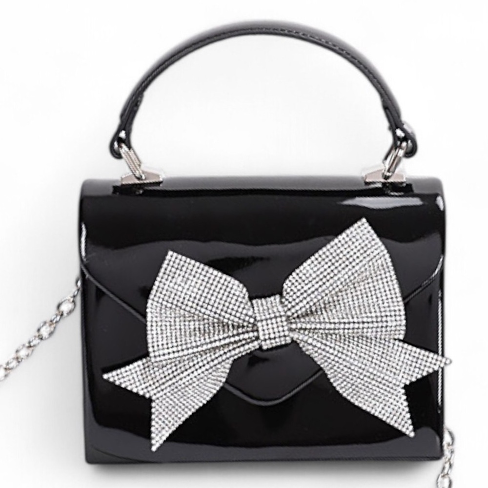 Vegan Patent Leather Rhinestone Bow Top Handle Bag - Burgundy, Black,